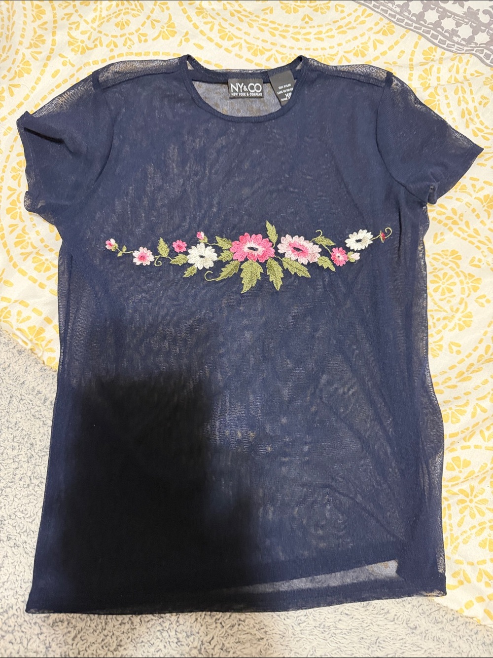 New York & Company Navy Sheer Crewneck Top